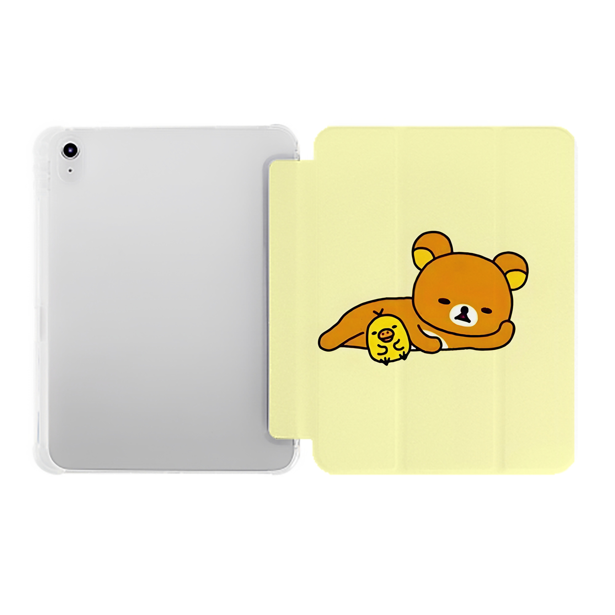 （画像用） リラックマ リラックマ キイロイトリ Rilakkuma Korilakkuma Kiiroitori IPad ケース ペン収納付き 三つ折りスタンド PUレザー×シリコン 対応機種9.5/10.5/10.9インチ